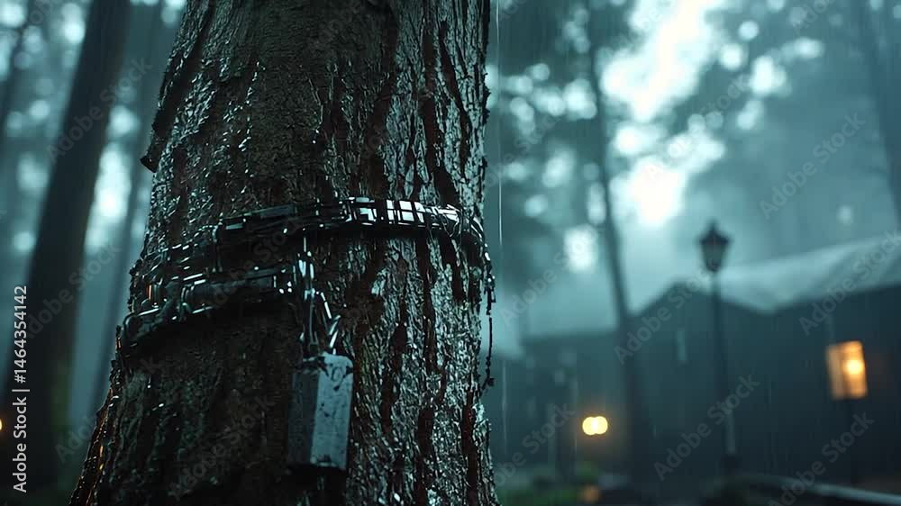 Close-up view of a dark, wet tree trunk with a small, rectangular metallic object attached, set against a blurred background of a rainy forest scene at night. A house is visible in the distance under