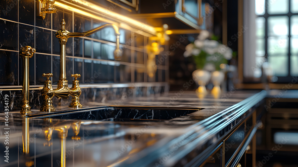 A contemporary, chic kitchen featuring stylish black and white cabinets, golden fixtures, and marble tiles.