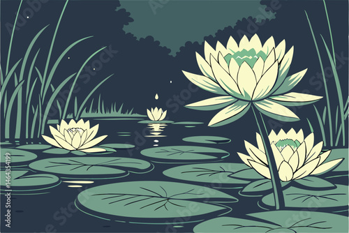 66 Luminous lotus flowers, serene pond at night, glowing water lilies, floating candles, reflective water surface, dark background, ethereal atmosphere, delicate petals, lily pads, soft illumination, 