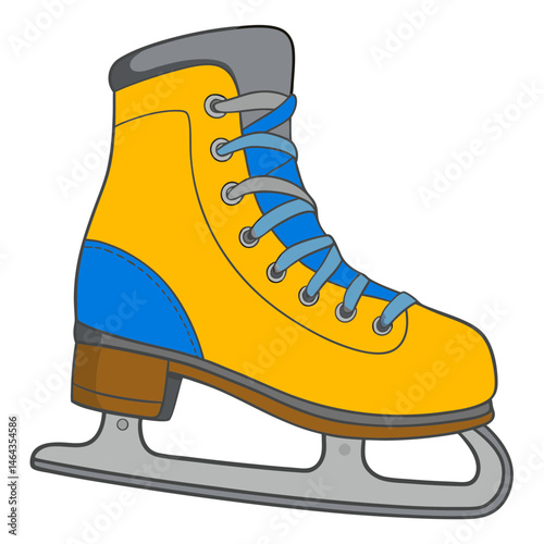 Bright yellow ice skate with blue laces, sporty and fun winter activity concept