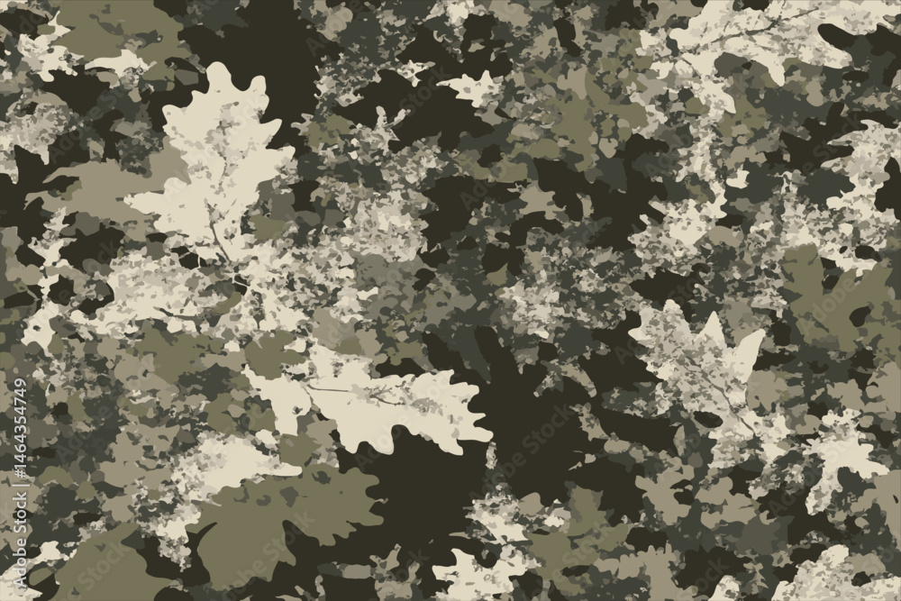 A camouflage pattern with shades of green and gray, designed for military or field use.Seamless Military Camouflage Pattern Green, Tan, and Black Textured Background for Tactical and Outdoor Use.
