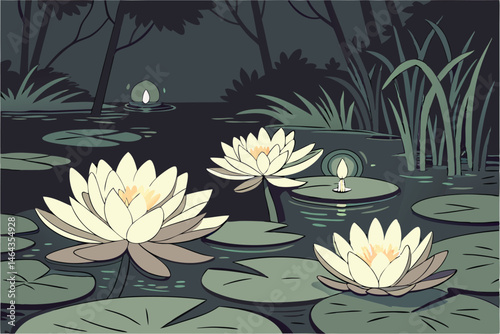 66 Luminous lotus flowers, serene pond at night, glowing water lilies, floating candles, reflective water surface, dark background, ethereal atmosphere, delicate petals, lily pads, soft illumination, 