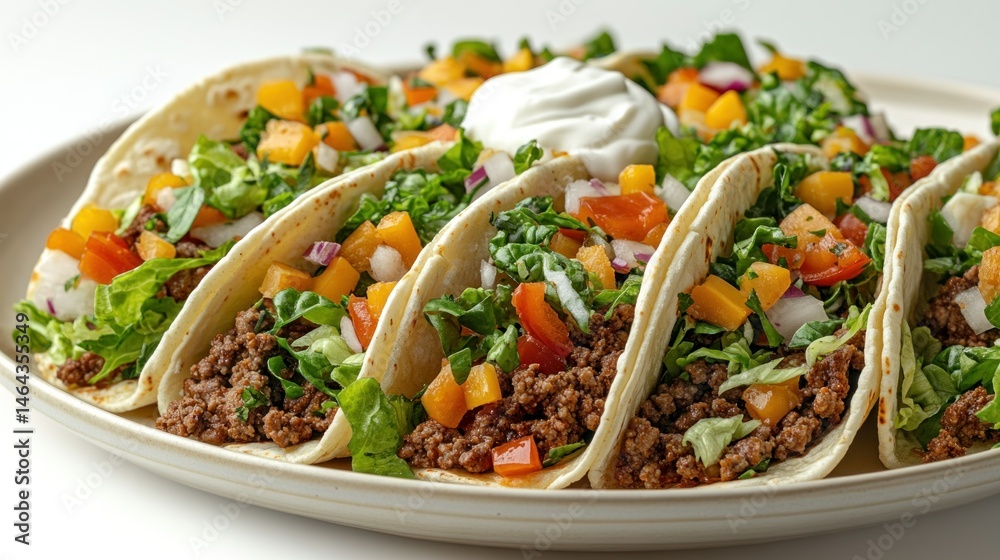 Circular array of tacos with ground beef, toppings, and sour cream Circular array of tacos with ground beef, toppings, and sour cream