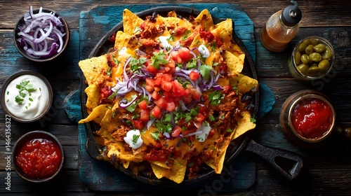 A top-down shot of loaded nachos in a cast iron skillet with various toppings and sides.