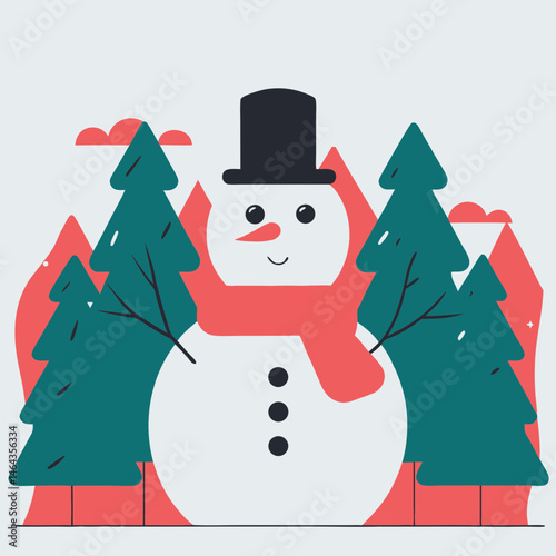 Snowman with friendly expression, wearing a hat and scarf, in a winter forest setting