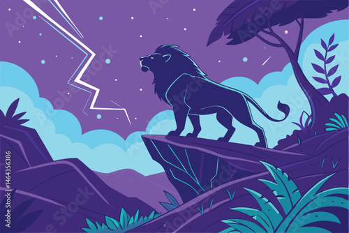 67 majestic lion, cosmic energy, glowing mane, electric aura, standing on cliff, night sky, neon colors, fantasy landscape, ethereal atmosphere, vibrant purple and blue hues, surreal art, digital pain