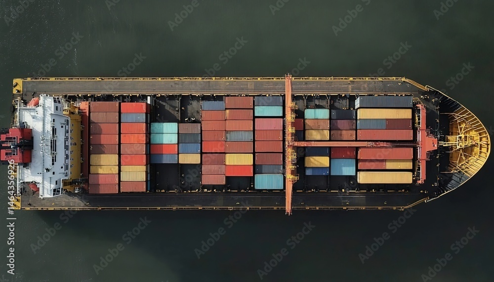 Obraz premium Aerial view of a cargo ship docked with colorful containers at a pier.