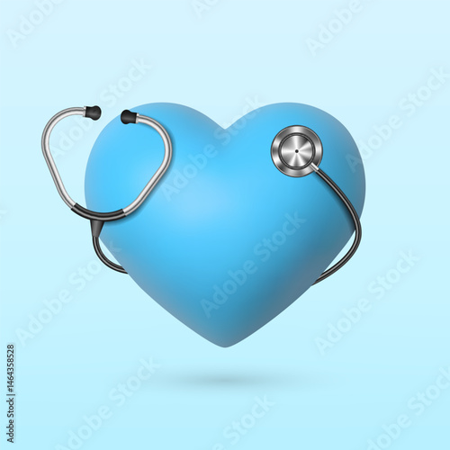 3d heart with stethoscope on white background, vector illustration