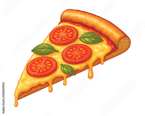 Vector illustration of a mozzarella pizza slice with melted cheese, golden crust, and tomato base. Isolated from light background. Perfect for menus, food packaging, branding, and web use and so on.