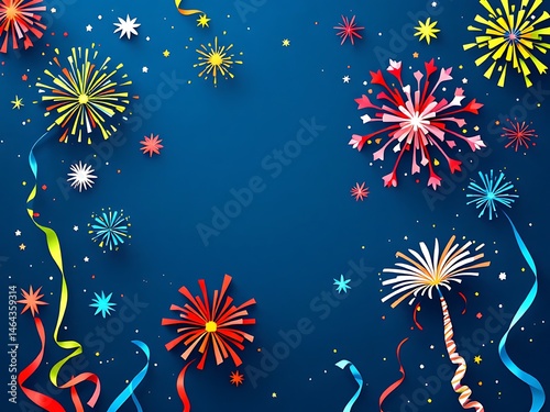 Creative folded paper art resembling fireworks displayed on dark blue paper. Festive and elegant handmade design with vibrant shapes and origami-inspired style