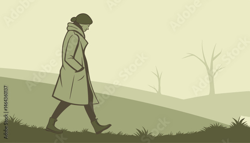 lone figure, draped in a worn, earth-toned coat, walks slowly through a veil of gentle morning fog, which softly envelops their legs and torso, obscuring their features, while the soft, warm light of 