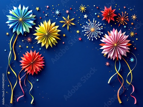 Creative folded paper art resembling fireworks displayed on dark blue paper. Festive and elegant handmade design with vibrant shapes and origami-inspired style