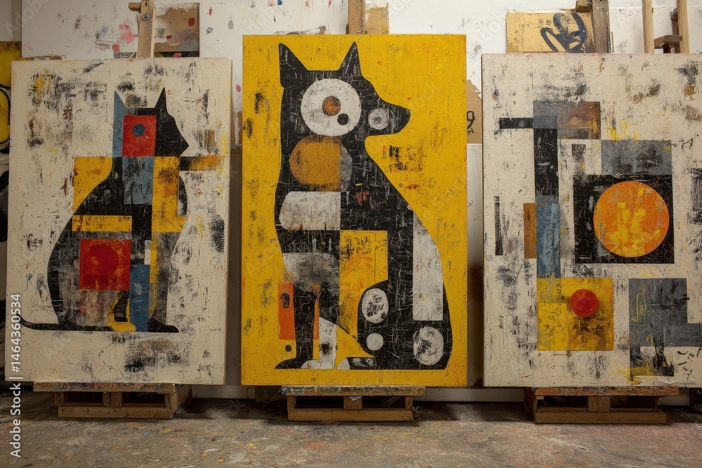 Fototapeta premium Three abstract animal paintings displayed in a .