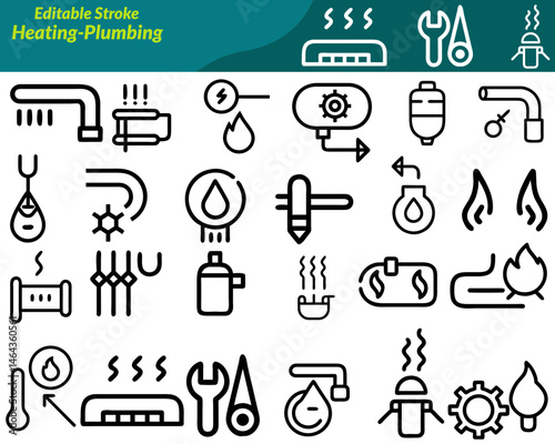 A Heating & Plumbing icon set with icons. featuring pipes, boilers, radiators, faucets, tools, water drops, and thermostats—ideal for service apps, repair guides, and construction projects.