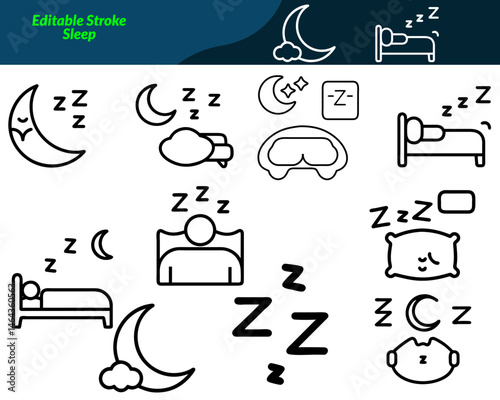 A Sleep icon set with icons featuring beds, pillows, moons, stars, sleeping people, alarms, and Zzz symbols—perfect for wellness apps, healthcare, bedtime stories, and relaxation designs.