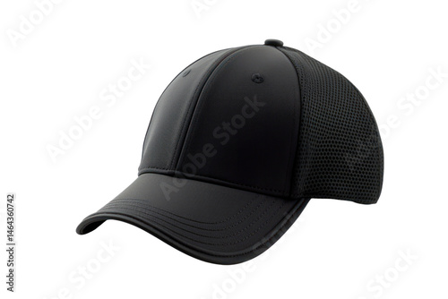 Sleek Black Cap: A stylish, solid black cap, ideal for sports and outdoor activities, exhibiting modern design and practical functionality. 