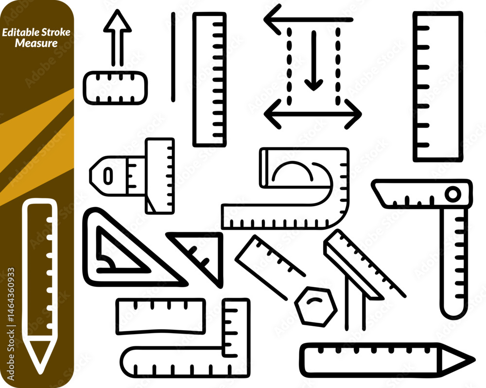 Fototapeta premium A Measure icon set with icons featuring rulers, scales, gauges, charts, tape measures, metrics, and performance tools—perfect for design, construction, analytics, and productivity projects.