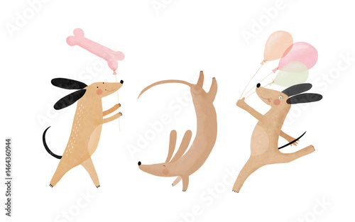 Birthday Vector Card with Happy Dogs And Air Balloons. Funny Dog ​​Holding Bunch of Balloons. Lovely Hand Drawn Nursery Art with Sweet Puppy Doing A Somersault. Dog And Pink Balloon Of Bone Shape.