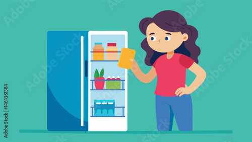 A girl stands in front of her minifridge contemplating which energy bar to grab for a quick study session snack.. Vector illustration