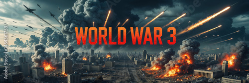 A city ravaged by a massive aerial assault, with the looming threat of world war 3, and apocalyptic scenes.