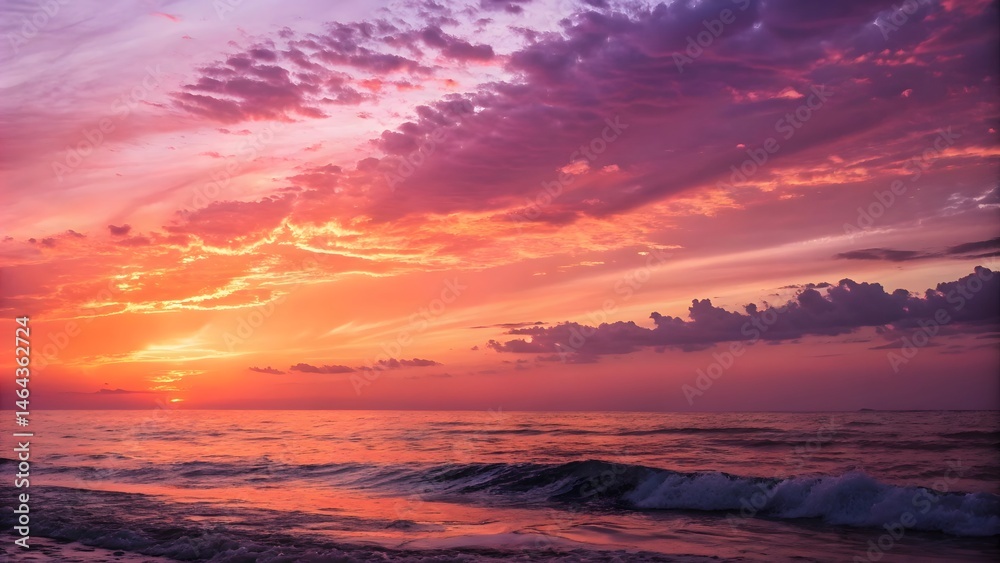 Fototapeta premium Vibrant sunset over tranquil ocean coastal landscape photography serene atmosphere wide angle nature's beauty