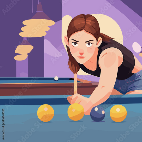 A young woman leans over a pool table, focusing intently as she prepares to take a shot. 