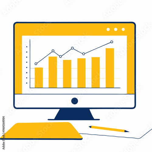 Data analysis on computer screen with graphs and charts in bright colors and modern design