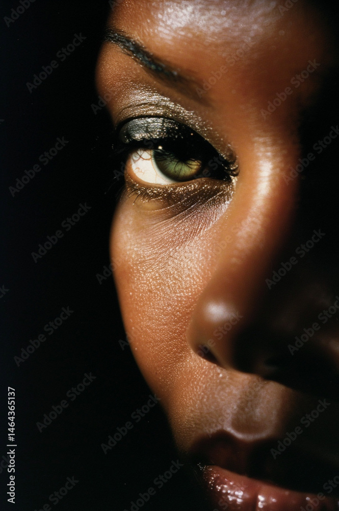 Cinematic close-up of an African American woman’s face, half hidden in shadow, only one eye visible, intense gaze, soft lips partially revealed, dramatic chiaroscuro lighting