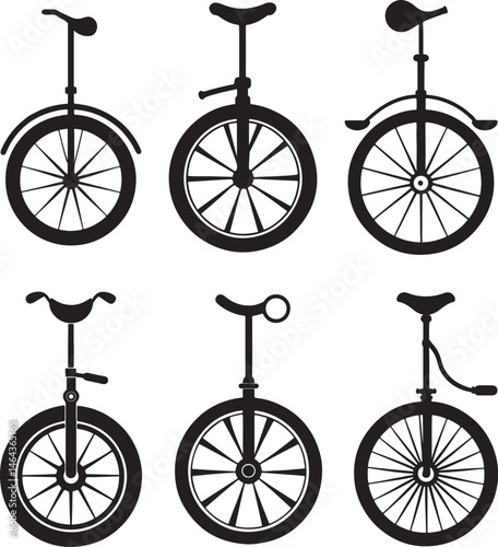 set of unicycle silhouette, black and white silhouette, vector and illustration