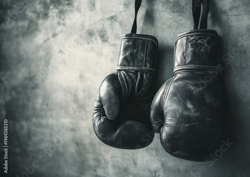Weathered boxing gloves hanging on a wall photo