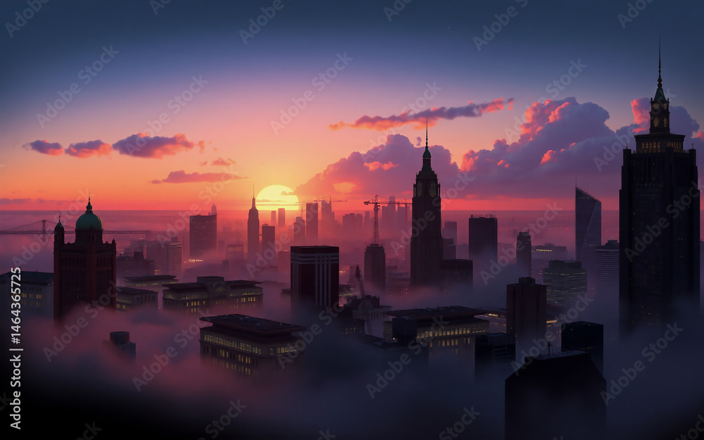 Fototapeta premium A breathtaking sunset paints the sky vibrant hues of orange and purple as a city skyline emerges from a thick layer of fog. Tall buildings stand silhouetted against the fiery backdrop.