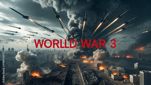 A terrifying illustration shows a city ablaze with destruction from a global war, rockets soaring.