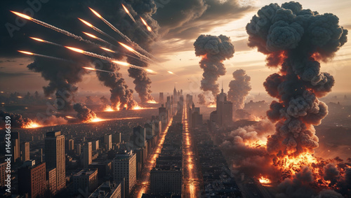 A city is decimated by a missile attack, with explosions and destruction across the urban landscape.