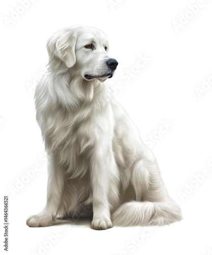 Adorable golden retriever puppy, a cute and young canine pet of purebred breed, is sitting isolated on a white studio background