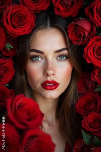 Wallpaper Mural young beautiful caucasian woman portrait, brunette, red lips, green eyes wide open, pretty girl face closely surrounded by red roses, fashion portrait Torontodigital.ca