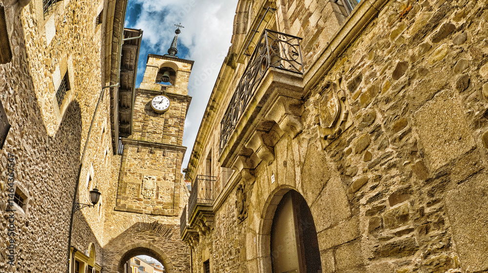 Obraz premium Torre del Reloj, 16th Century Clock Tower, Arco de las Eras, Old Town, Ponferrada, León Province, Castilla y León, Spain, Europe