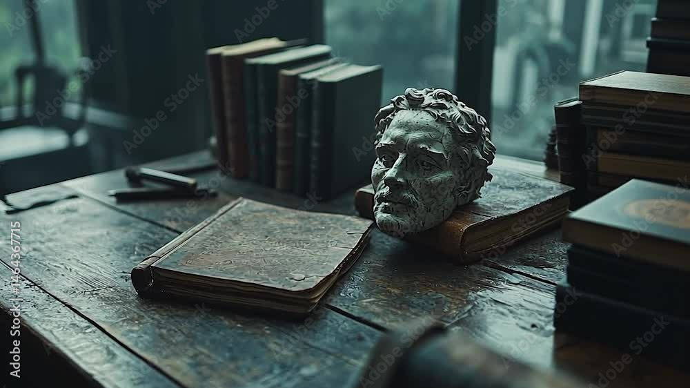 Dark, moody video still showcasing a weathered wooden table. A stone bust, old books, and a leather-bound journal are arranged on the surface. Rain is visible on the table. Dim, atmospheric lighting
