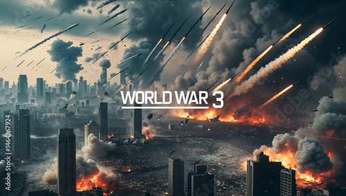 An apocalyptic scene depicts a city ablaze with rockets falling during a large-scale war.