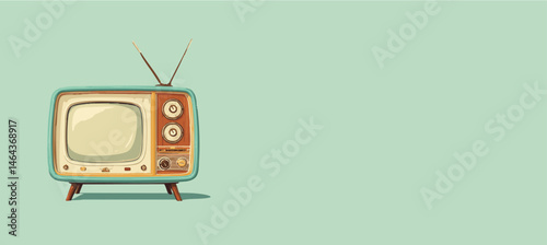 Retro tv banner with copyspace, vintage, blue white brown, eps, aqua, copy space, blank screen, editable vector drawing