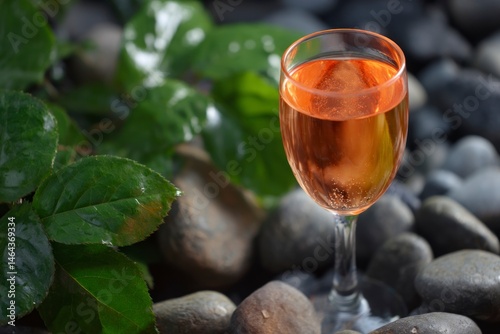 Rose Wine in Glass with Pebble Stones and Green Leaves Backdrop