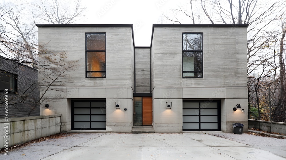 Fototapeta premium A sleek and contemporary residential building featuring a minimalist design integrated garage and symmetrical framing with natural tones and materials
