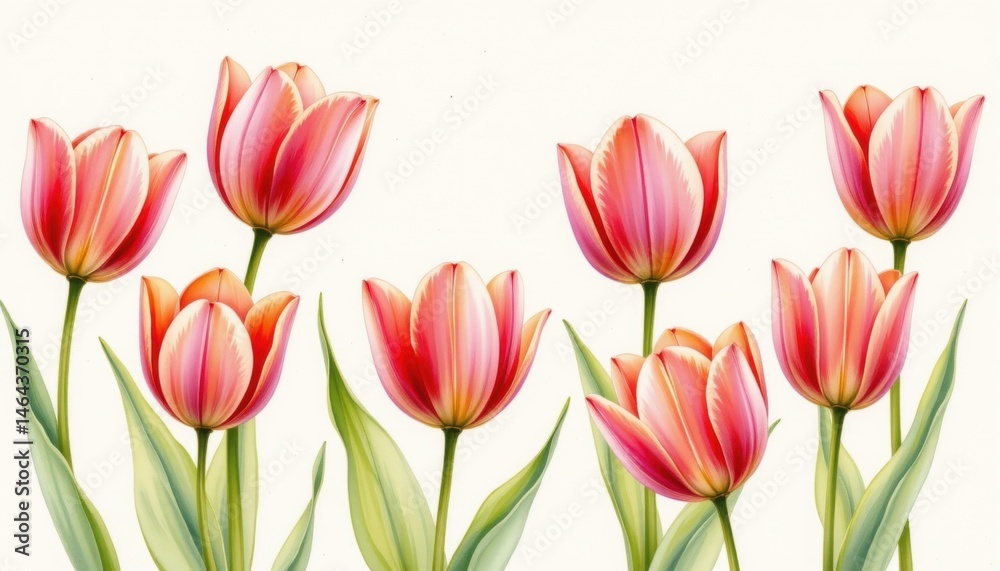 Fototapeta premium The delicate brushstrokes of the watercolor capture the intricate details of each blooming tulip, showcasing their elegant curved petals and graceful stems swaying gently in a gentle breeze