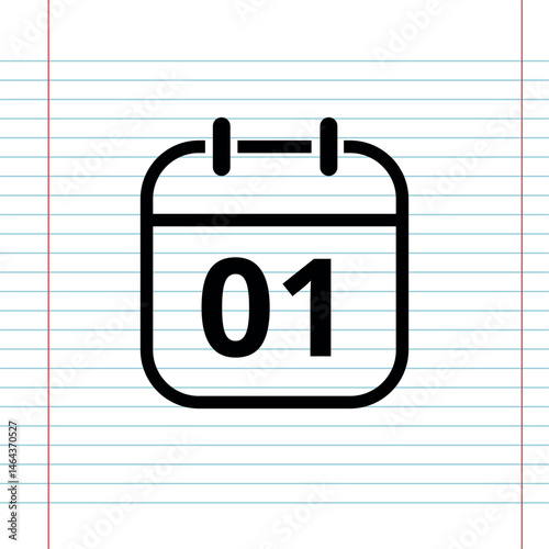 Simple flat calendar icon isolated on a background that simulates a notebook sheet, calendar icon with a specific day, day 01.