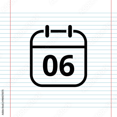Simple flat calendar icon isolated on a background that simulates a notebook sheet, calendar icon with a specific day, day 06.