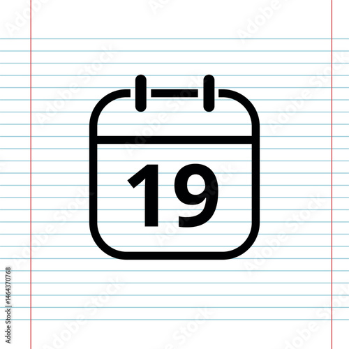 Simple flat calendar icon isolated on a background that simulates a notebook sheet, calendar icon with a specific day, day 19.