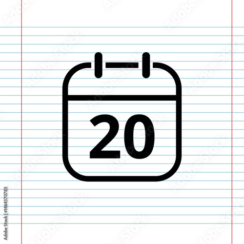 Simple flat calendar icon isolated on a background that simulates a notebook sheet, calendar icon with a specific day, day 20.