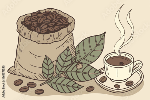 7 Coffee still life, burlap sack of coffee beans, steaming cup of coffee, coffee beans scattered, wooden table, green coffee leaves, warm tones, realistic illustration, soft lighting, detailed texture