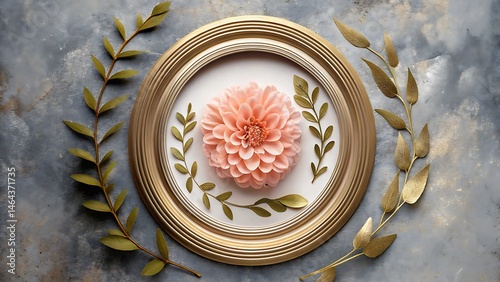 A beautiful peach dahlia flower surrounded by elegant gold leaves sits within a gold frame