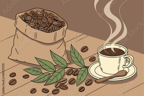 7 Coffee still life, burlap sack of coffee beans, steaming cup of coffee, coffee beans scattered, wooden table, green coffee leaves, warm tones, realistic illustration, soft lighting, detailed texture