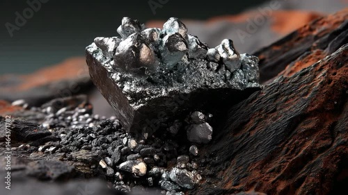 Specular silver ore minerals and small shiny stones on dark and rustic textured surface in the mining ground with hints of red soil
